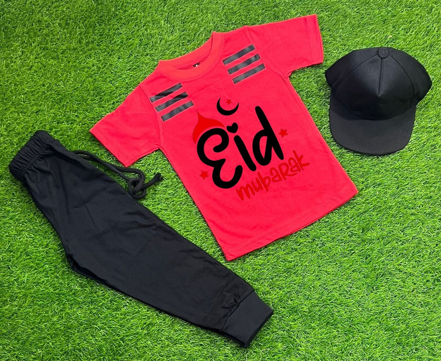 Pack Of 3 Eid Mubarak Red Tracksuit For Kid Shirt Trouser Cap