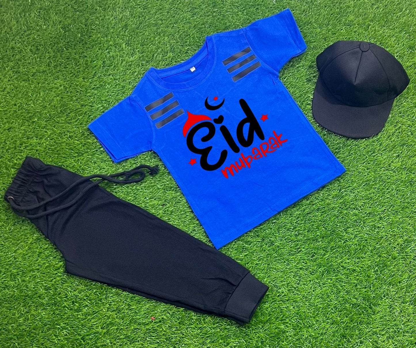 Pack Of 3 Eid Mubarak Royal Blue Tracksuit For Kid Shirt Trouser Cap