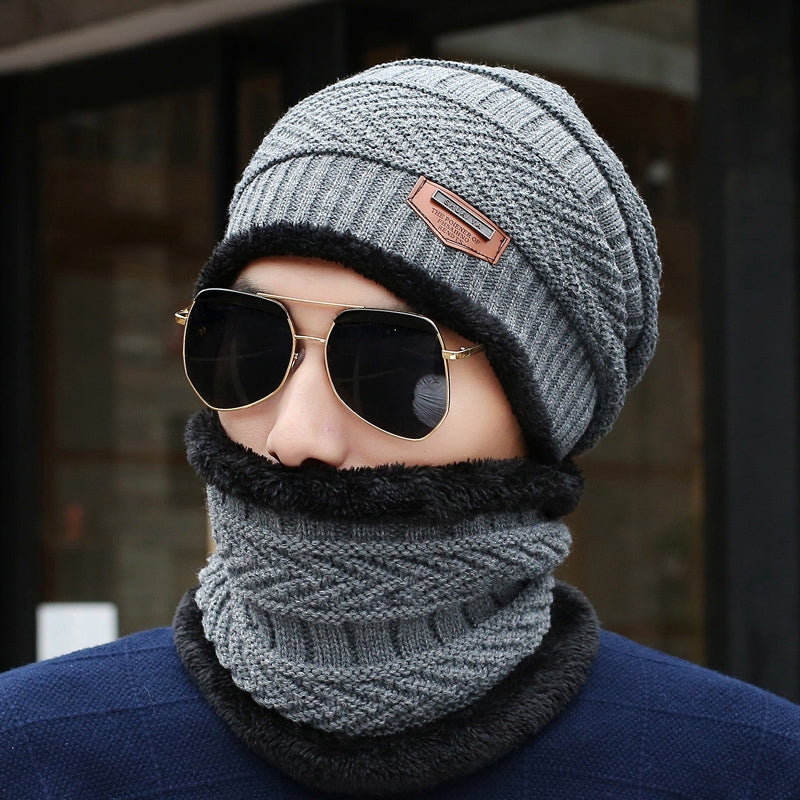 Winter Cap and neck Elastic Knitting Thick Fleece Warm Woolen Beanie Cap Sport Hat Neck Scarf Set 2 Piece (Grey)