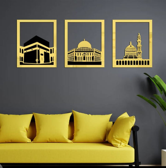 Set Of 3 Masjid Al-Haram - Masjid Al-Aqsa &amp; Masjid An-Nabawi Wall Decor Wall Sticker Muslim Acrylic Mirror Wooden Room Decor (Golden)