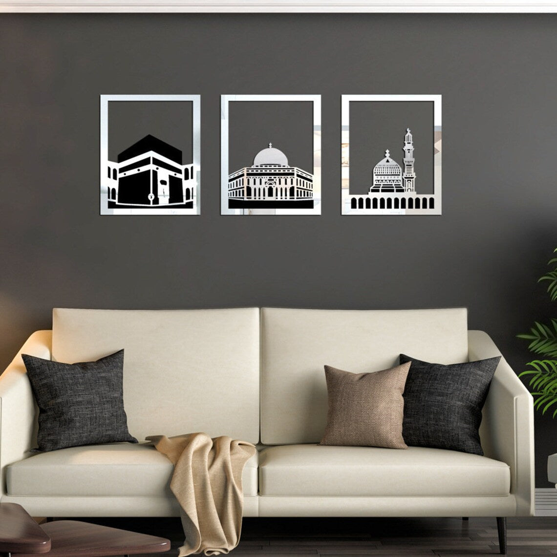 Set Of 3 Masjid Al-Haram - Masjid Al-Aqsa &amp; Masjid An-Nabawi Wall Decor Wall Sticker Muslim Acrylic Mirror Wooden Room Decor (Silver)