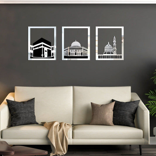 Set Of 3 Masjid Al-Haram - Masjid Al-Aqsa &amp; Masjid An-Nabawi Wall Decor Wall Sticker Muslim Acrylic Mirror Wooden Room Decor (Silver)