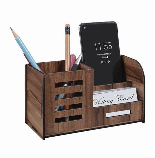 Multipurpose Wooden Desk Organizer 3 in 1   Pen And Pencil Stand For Office Table Holder