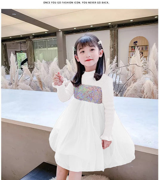 SEQUINS KNITTED CHIFFON BALL GOWN FROCK FLOWER WINTER DRESS STUFF WITH FLEECE Colors: white